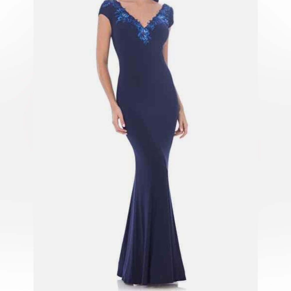 NEW JS Collections floral embroidered Jersey Mermaid Gown in navy wedding 16